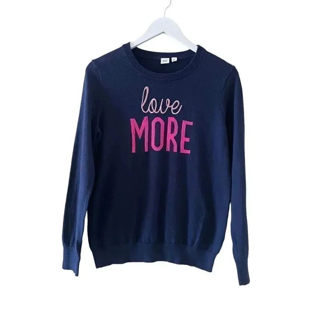Gap Navy Blue With Pink Lettering Graphic Sweater Long Sleeves Cotton Casual Wom